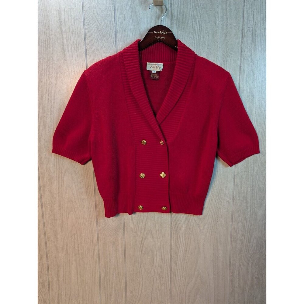 Susan Bristol Red Cardigan Sweater Short Sleeve Medium 1990 Christmas Buttons